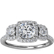 Three-Stone Cushion Halo Diamond Engagement Ring in 14k White Gold